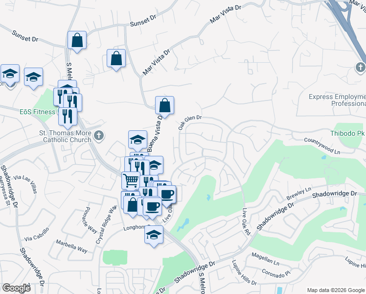 map of restaurants, bars, coffee shops, grocery stores, and more near 1585 Madrid Drive in Vista