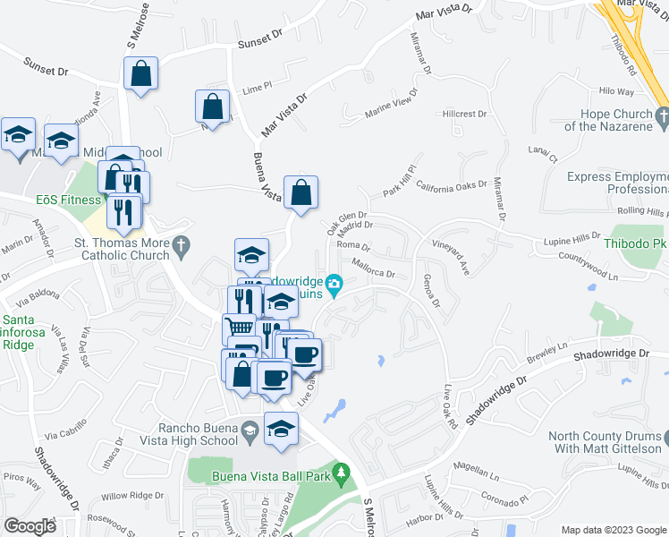 map of restaurants, bars, coffee shops, grocery stores, and more near 1585 Madrid Drive in Vista
