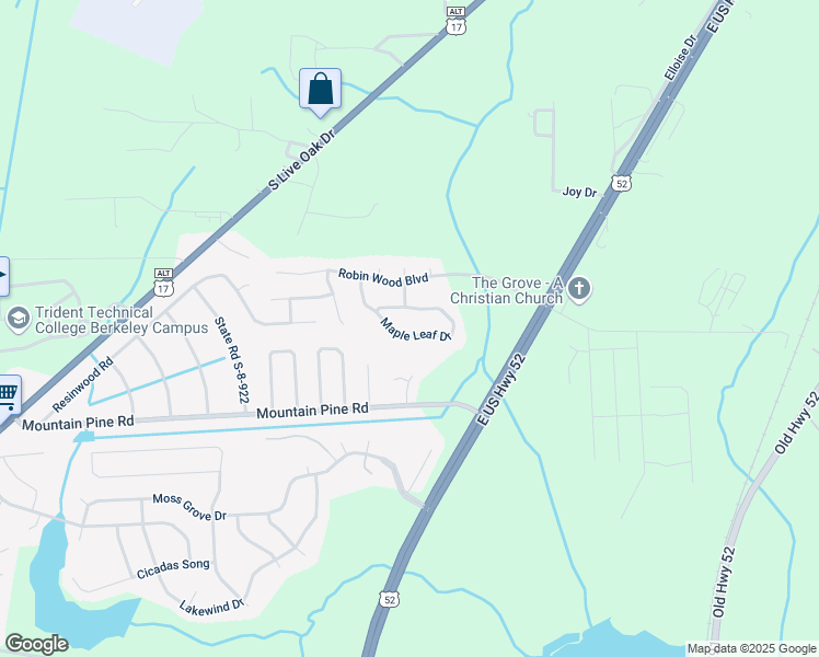 map of restaurants, bars, coffee shops, grocery stores, and more near 3078 Maple Leaf Drive in Moncks Corner