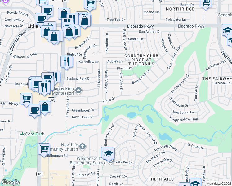 map of restaurants, bars, coffee shops, grocery stores, and more near 10984 Cortez Court in Frisco
