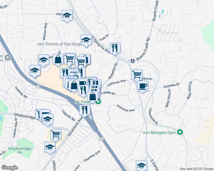map of restaurants, bars, coffee shops, grocery stores, and more near 246 Robelini Drive in Vista