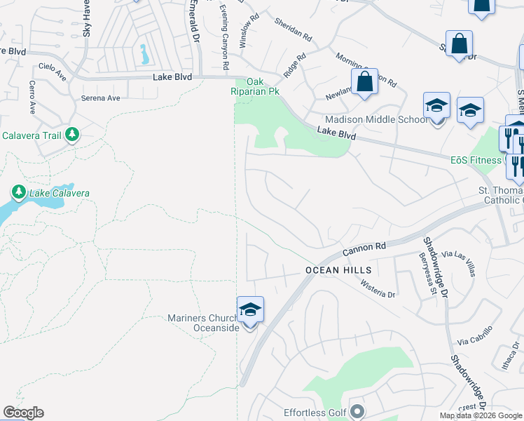 map of restaurants, bars, coffee shops, grocery stores, and more near 5033 Nighthawk Way in Oceanside