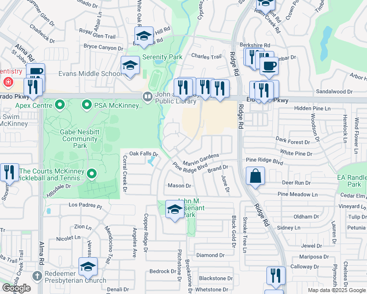 map of restaurants, bars, coffee shops, grocery stores, and more near 3296 Hudson Crossing in McKinney