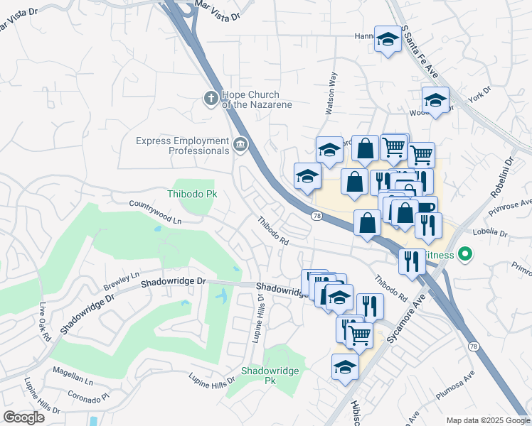 map of restaurants, bars, coffee shops, grocery stores, and more near 1834 Thibodo Road in Vista