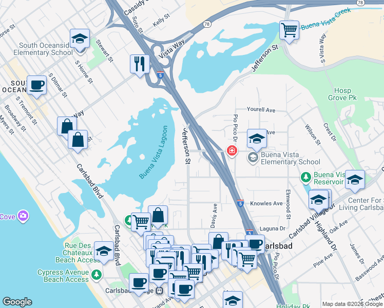 map of restaurants, bars, coffee shops, grocery stores, and more near 1108 Las Flores Drive in Carlsbad