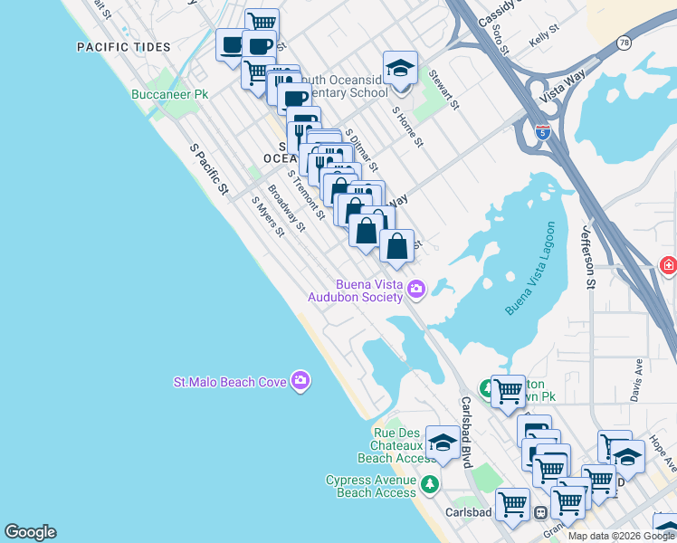 map of restaurants, bars, coffee shops, grocery stores, and more near 2013 South Tremont Street in Oceanside