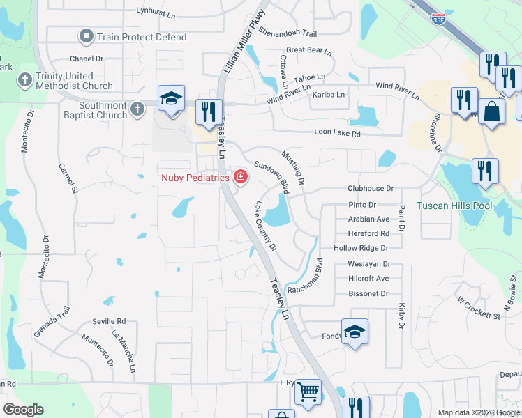 map of restaurants, bars, coffee shops, grocery stores, and more near 2201 Lakeside Court in Denton
