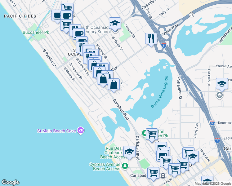 map of restaurants, bars, coffee shops, grocery stores, and more near 555 Eaton Street in Oceanside