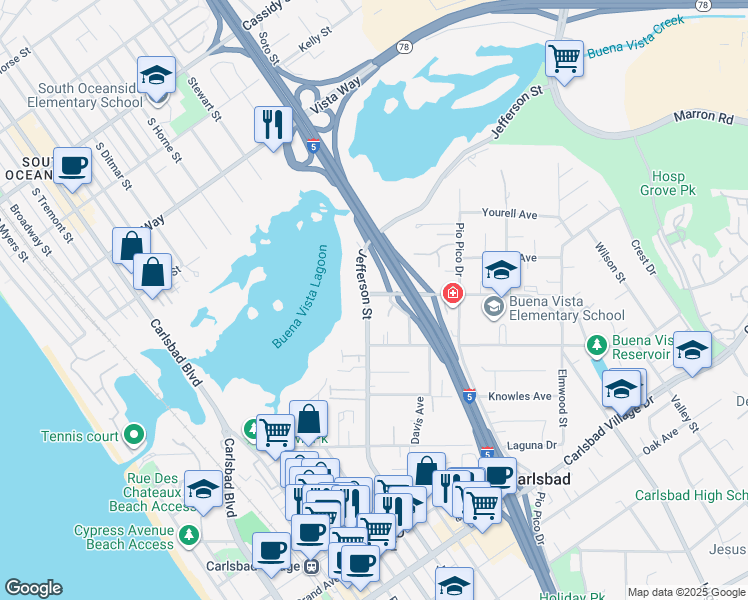 map of restaurants, bars, coffee shops, grocery stores, and more near 1107 Las Flores Drive in Carlsbad