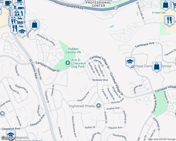 map of restaurants, bars, coffee shops, grocery stores, and more near 3429 Pontiac Drive in Carlsbad