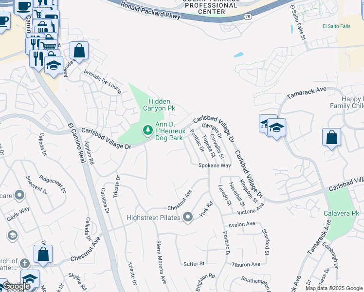map of restaurants, bars, coffee shops, grocery stores, and more near 2708 Medford Court in Carlsbad