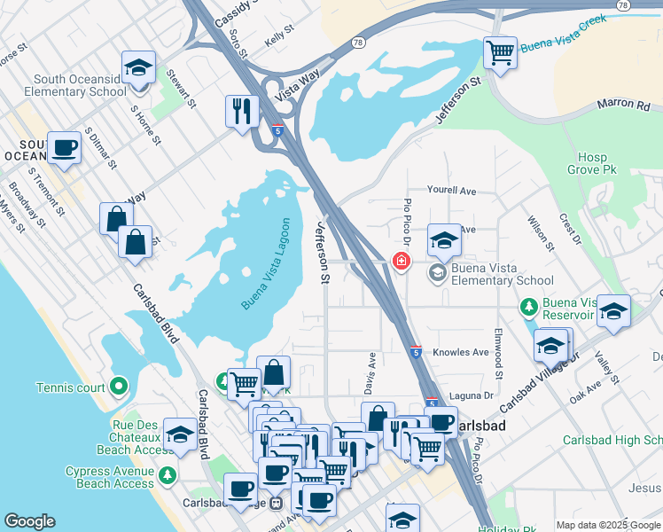 map of restaurants, bars, coffee shops, grocery stores, and more near 1107 Las Flores Drive in Carlsbad
