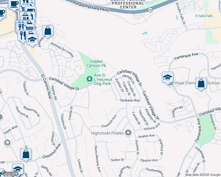 map of restaurants, bars, coffee shops, grocery stores, and more near 2708 Medford Court in Carlsbad