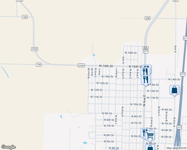 map of restaurants, bars, coffee shops, grocery stores, and more near 1405 North Avenue L in Haskell