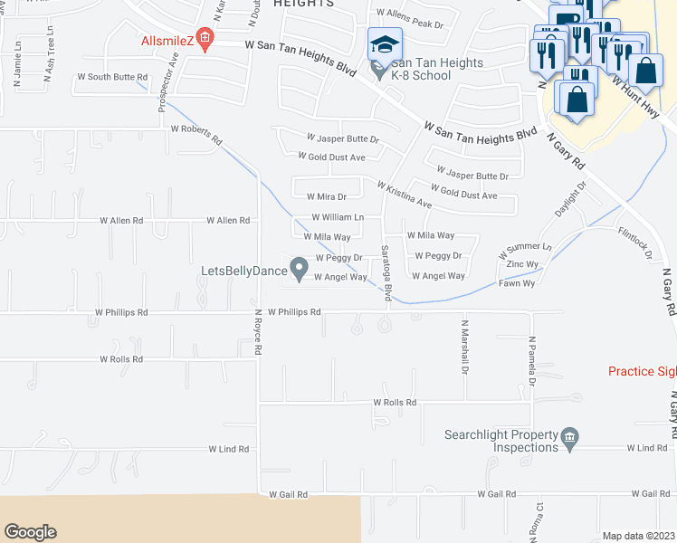 map of restaurants, bars, coffee shops, grocery stores, and more near 2766 West Angel Way in Queen Creek