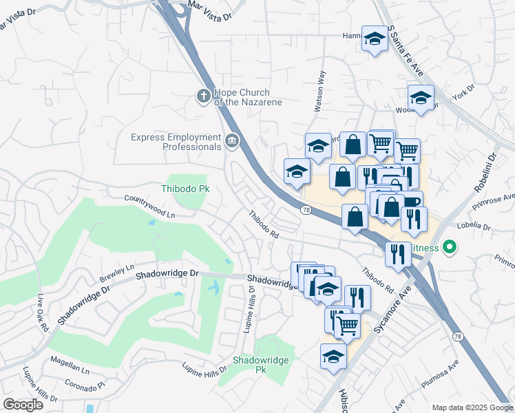map of restaurants, bars, coffee shops, grocery stores, and more near 1834 Thibodo Road in Vista