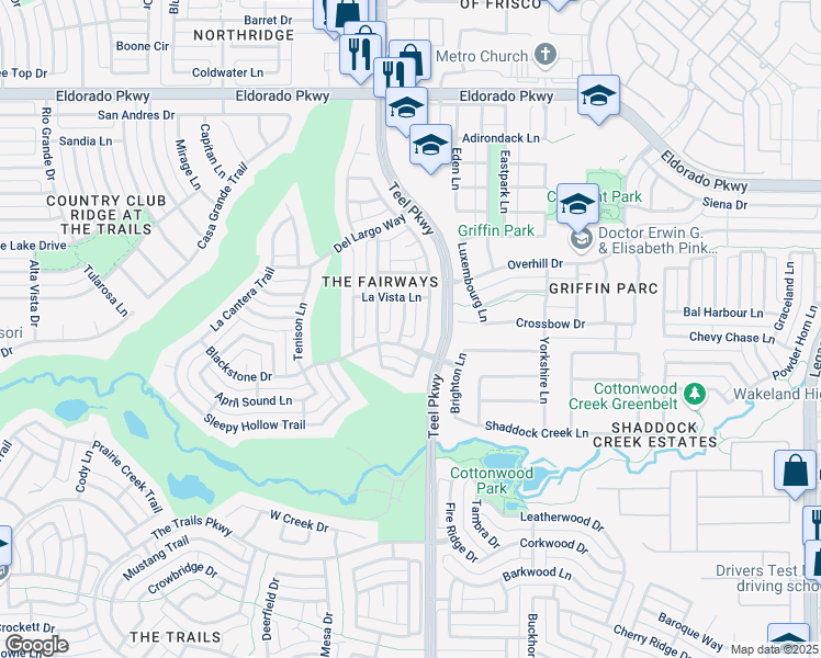 map of restaurants, bars, coffee shops, grocery stores, and more near 11222 Raveneaux Drive in Frisco