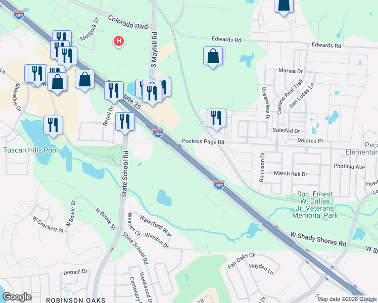 map of restaurants, bars, coffee shops, grocery stores, and more near 3550 Pockrus Page Road in Denton