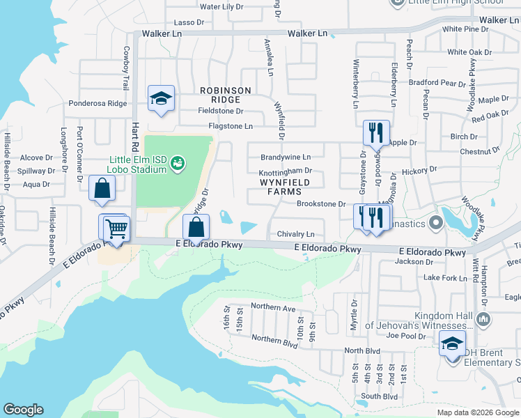 map of restaurants, bars, coffee shops, grocery stores, and more near 1416 Ridgecrest Drive in Little Elm