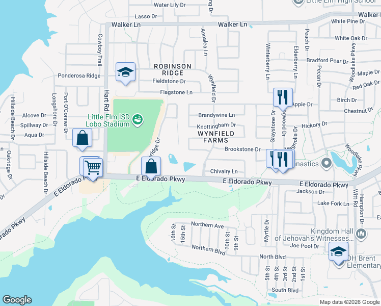 map of restaurants, bars, coffee shops, grocery stores, and more near 1416 Ridgecrest Drive in Little Elm