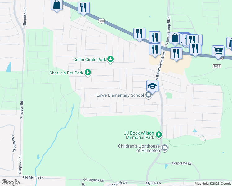 map of restaurants, bars, coffee shops, grocery stores, and more near 1013 Mesquite Lane in Princeton