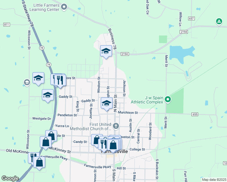 map of restaurants, bars, coffee shops, grocery stores, and more near 601 North Main Street in Farmersville