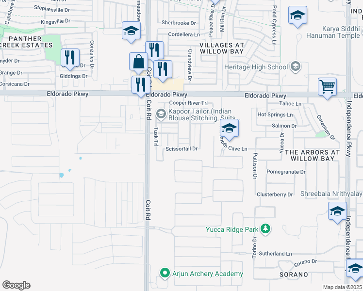 map of restaurants, bars, coffee shops, grocery stores, and more near 13034 Scissortail Drive in Frisco