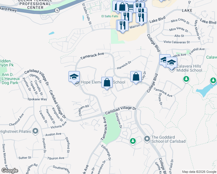 map of restaurants, bars, coffee shops, grocery stores, and more near 3676 Harwich Drive in Carlsbad