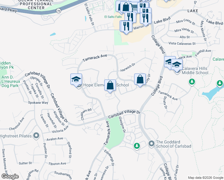 map of restaurants, bars, coffee shops, grocery stores, and more near 3676 Harwich Drive in Carlsbad