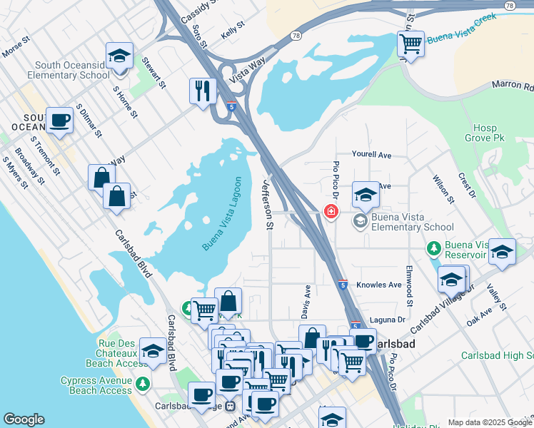 map of restaurants, bars, coffee shops, grocery stores, and more near 1108 Las Flores Drive in Carlsbad