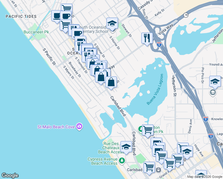 map of restaurants, bars, coffee shops, grocery stores, and more near 605 Eaton Street in Oceanside