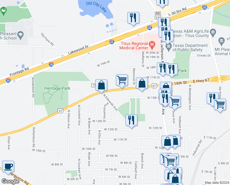 map of restaurants, bars, coffee shops, grocery stores, and more near 834-850 West 16th Street in Mount Pleasant