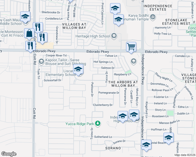 map of restaurants, bars, coffee shops, grocery stores, and more near 13805 Copper Lake Trail in Frisco