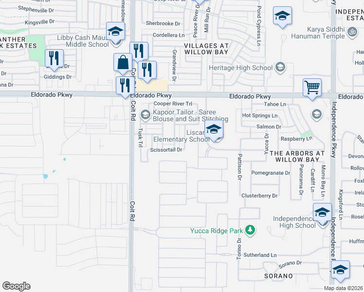 map of restaurants, bars, coffee shops, grocery stores, and more near 11287 Four Roses Trail in Frisco