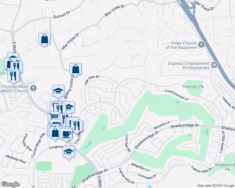 map of restaurants, bars, coffee shops, grocery stores, and more near 1501 Madrid Drive in Vista