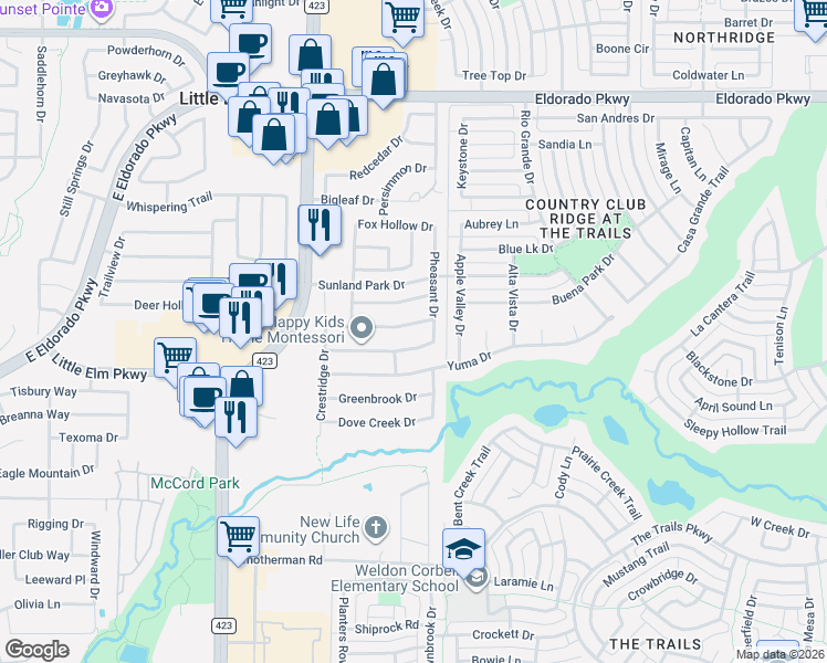 map of restaurants, bars, coffee shops, grocery stores, and more near 2457 Chesterwood Drive in Little Elm