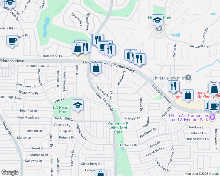 map of restaurants, bars, coffee shops, grocery stores, and more near 3201 Avery Lane in McKinney