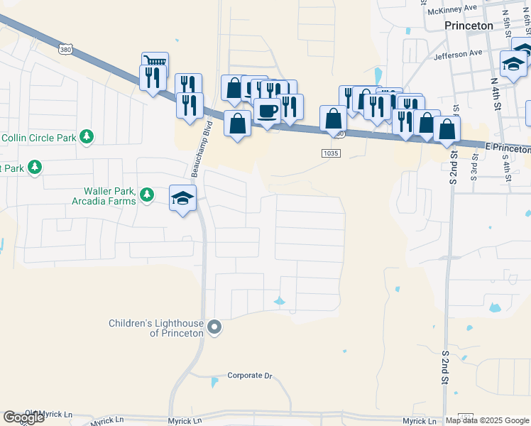 map of restaurants, bars, coffee shops, grocery stores, and more near 417 Sweetshade Lane in Princeton