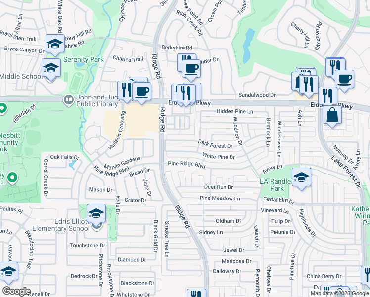 map of restaurants, bars, coffee shops, grocery stores, and more near 6221 Dark Forest Drive in McKinney
