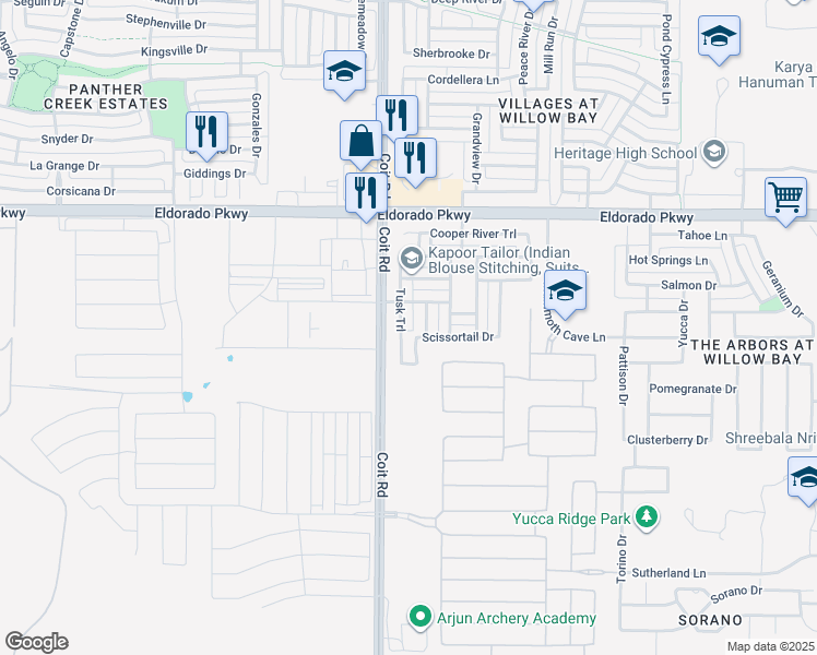 map of restaurants, bars, coffee shops, grocery stores, and more near 11317 Blackwater Creek Trail in Frisco