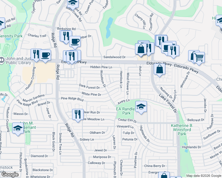 map of restaurants, bars, coffee shops, grocery stores, and more near 5700 White Pine Drive in McKinney