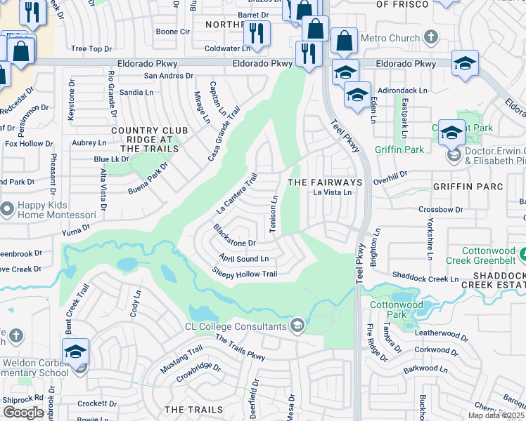 map of restaurants, bars, coffee shops, grocery stores, and more near 2443 Falcon Point Drive in Frisco