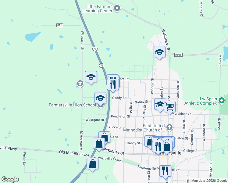 map of restaurants, bars, coffee shops, grocery stores, and more near 604 Texas 78 in Farmersville