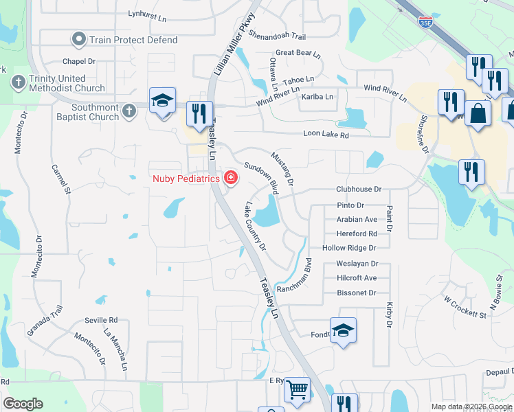 map of restaurants, bars, coffee shops, grocery stores, and more near 2201 Lakeside Court in Denton