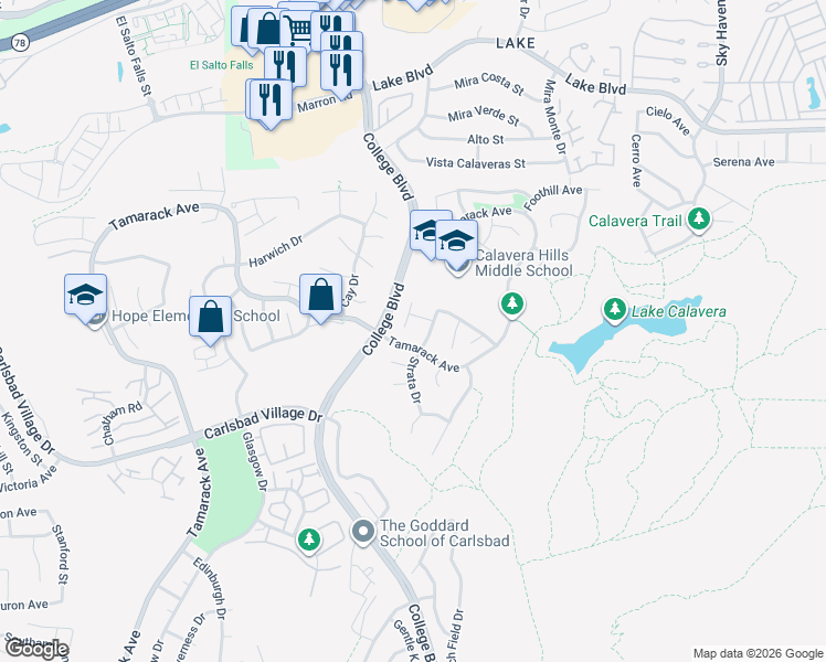map of restaurants, bars, coffee shops, grocery stores, and more near 3627 Terrace Place in Carlsbad