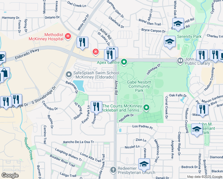 map of restaurants, bars, coffee shops, grocery stores, and more near 3213 Alma Road in McKinney