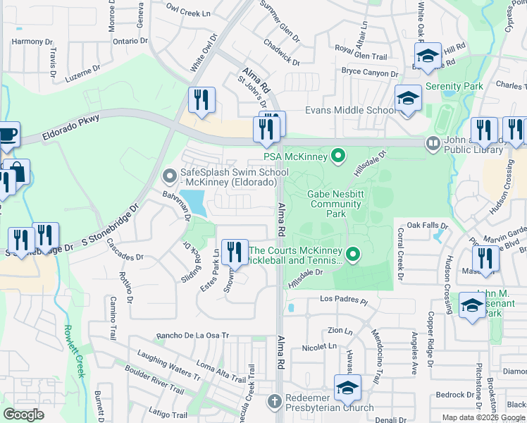 map of restaurants, bars, coffee shops, grocery stores, and more near 7501 Renaissance Boulevard in McKinney