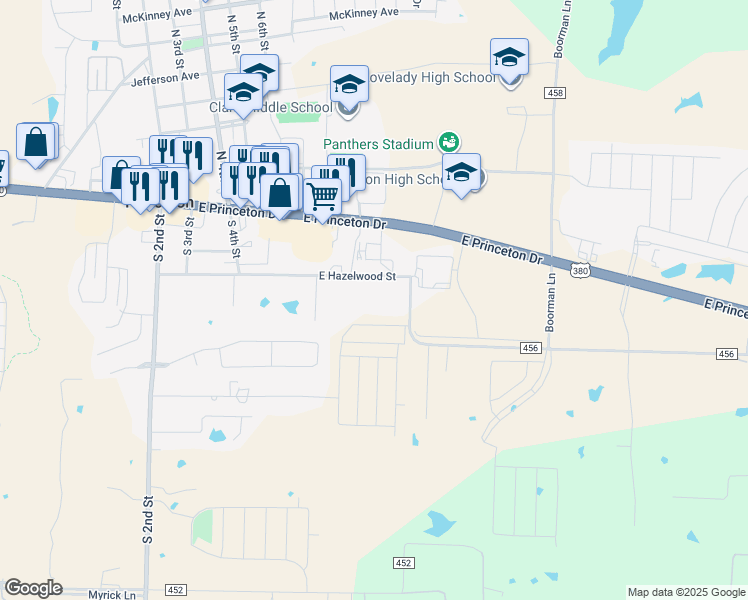 map of restaurants, bars, coffee shops, grocery stores, and more near 899 East Hazelwood Street in Princeton