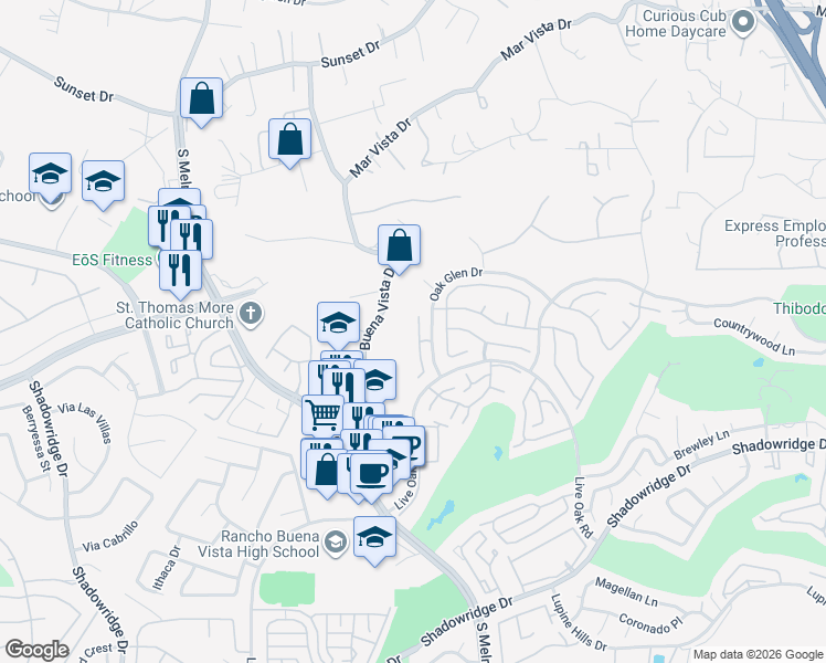 map of restaurants, bars, coffee shops, grocery stores, and more near 1937 Casablanca Court in Vista