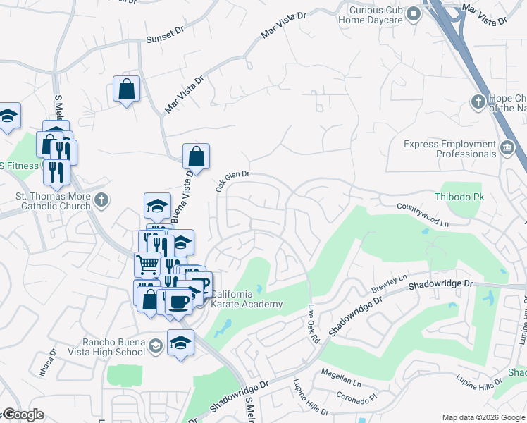 map of restaurants, bars, coffee shops, grocery stores, and more near 1533 Roma Drive in Vista